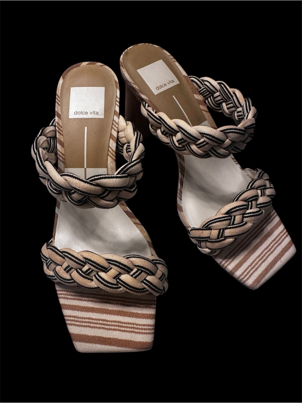 Dolce Vita Braided Double-Strap Slide Heels in  Black, Beige, and Cream Size 7.5